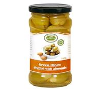 KORVEL Premium Almond Stuffed Olives - Green Table Olives, 290g (10.2oz) Glass Jar