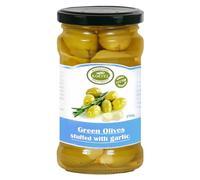KORVEL Premium Garlic Stuffed Olives - Green Table Olives, 290g (10.2oz) Glass Jar