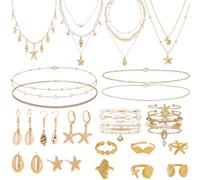 KorViSHOW Beach Jewelry Sets for Women, Boho Summer Seashell Starfish Accessories with Necklace, Earrings, Rings Anklet, 35pcs Ocean Beach Set, Alloy Steel, No Gemstone