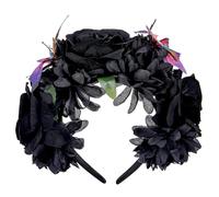KorViSHOW Black Mexican Flower Headband - Dark Rose Floral Crown Headpiece with Butterfly Dia de los Muertos Costume Headbands for Women Halloween Festival Party Easter Mardi Mexican Hair Accessories