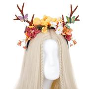 KorViSHOW Deer Antler Flower Headband - Fairy Forest Reindeer Floral Hairband Woodland Deer Horns Headbands with Orange Flower Butterfly for Women Girls Renaissance Halloween Cosplay Hair Accessory
