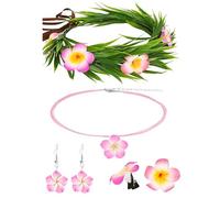 KorViSHOW Hawaiian Flower Crown Accessories Set - 6 Pcs Pink Tropical Floral Headband, Plumeria Hair Clips, Necklace and Earrings for Women Girls Hawaii Party Lei Hula Outfits Accessory Set
