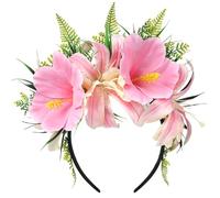 KorViSHOW Hawaiian Flower Crown Headband, Pink Tropical Hibiscus Flower Headband, Artificial Hawaii Leis Floral Headpiece for Women Hula Costume Accessories Summer Beach Vacation Party Favors