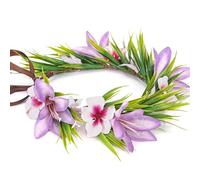 KorViSHOW Hawaiian Leis Flower Headband - Hawaii Floral Headpiece Tropical Luau Flower Crown with Ribbon Lei Luau Dress Up Accessory Summer Beach Wedding Party Festival Photos (Purple, Pink)