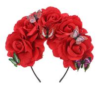 KorViSHOW Mexican Red Rose Flower Headband, Death of the Day Floral Headpiece, Mexican Rose Flower Crown with Butterfly for Dia De Los Muertos Costume Halloween Festival Party Cosplay Hair Accessories
