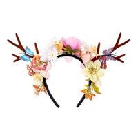 KorViSHOW Pink Flower Antler Headband - Handmade Forest Deer Antler Flower Crown Woodland Fairy Floral Headpiece with Deer Horns for Women Girls Renfaire Elf Cosplay Halloween Party Accessory