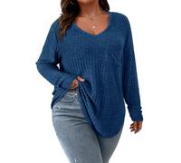 Koscacy Women Plus Size Casual Knit Sweater with Pocket V Neck Solid Color Tops Lightweight Long Sleeve Blouses, Sapphire Blue, 3XL Plus
