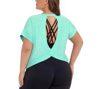 Koscacy Womens Plus Size Open Back Tops Short Sleeve Workout Shirts Casual Yoga Athletic Gym Running Tees, Green, 3XL Plus