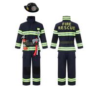 Kosgraiy Firefighter Costume for Kids,Black Fireman Costume for Boy and Girl,Kds Fire Chief Costume Outfit,Halloween,9pcs,Size S for Children 3-4Years