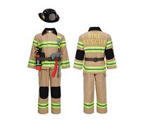 Kosgraiy Firefighter Costume for Kids,Tan Fireman Costume for Boy and Girl,Kds Fire Chief Costume Outfit,Halloween,9pcs,Size S for Children 3-4Years