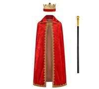 Kosgraiy Kids King Costume,King Costume Crown Robe Scepter,Halloween Costumes,Kings Cape with Collar and Gold trim,3pcs,Size S/39inch