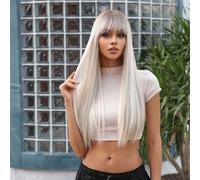 kosingna Natural Long Straight Ha Wig for Women with Bang y Blonde Wig Heat Resistance Synthetic Ha Wig Hapiece with Elastic Nylon Ha Net for Cosplay Party Daily Use