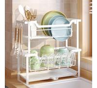 KOSIWU Dish Rack with Drainboard, Organizes Dishes and Bathroom Items for Narrow Spaces, Two-Story Drying Rack Fits 12 Plates 12 Bows 5 glasses 4 Hooks and some cutlery, White