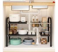 KOSIWU Under-sink Organizers, 2 Tier Expandable Shelf Organizer with 2 Removable Baskets & 6 Removable Panels (Stainless Steel Plastic, Black, Kitchen, 17.71''-27.56'' Length)