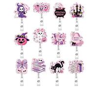 Kosiz 12 Pcs Halloween Badge Reels Cute Ghost Pink Pumpkin Haunted House Retractable ID Badge Holder with Alligator Clip Nurse Gifts for Nurses Doctors Rn Medical Office
