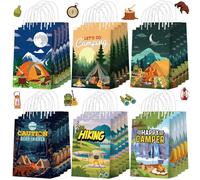 Kosiz 24 Pcs Camping Party Favors Bags Camp out Gift Goodie Paper Bags Happy Camper Hiking Campfire Adventure Tent Candy Treat Pouch with Handles for Camping Birthday Party Decorations Supplies