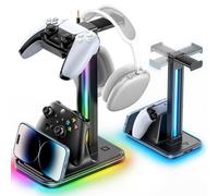 Kosker 4-in-1 Gaming Headset & Controller Stand for Desk, 360° Rotating Headphone Stand with Phone Holder, 10 RGB Modes for PC Gaming Enthusiasts, P5/Switch/Xbox Controller Accessories
