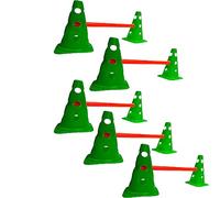 Kosma Pack of 15Pc Adjustable Agility Hurdle set - 10Pc Traffic Cones 9" with 12 holes Green colour, 5Pc Orange Hurdle Poles 40 Inch Length