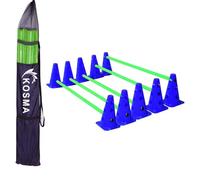 Kosma Pack of 15Pc Multi-functional and Adjustable Agility Hurdle set - 10Pc Traffic Cones 9" with 12 holes Blue colour, 5Pc Green Poles 40" with caps in carry bag