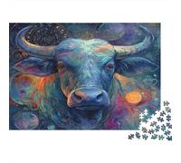 Kosmischer Stier-Kunst Puzzles 1000 Teile und Kinder, Bunter Psychedelischer Stierkopf Wanddekoration, Entspannungs-Puzzle für Männer und Frauen, Herausforderndes Puzzles 38x26cm/1000pcs