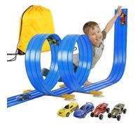 Kosmoflux 3-Lane Flexible Race Track Set, 5M Wide Bendy Car Track with 2 Loops, 2-in-1 Gravity & Pull-Back Racing Car Toy for Loops, Jumps, Ramps, Indoor Outdoor Gift for Boys Girls 3-8 Years (Blue)