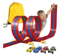 Kosmoflux 3-Lane Flexible Race Track Set, 5M Wide Bendy Car Track with 2 Loops, 2-in-1 Gravity & Pull-Back Racing Car Toy for Loops, Jumps, Ramps, Indoor Outdoor Gift for Boys Girls 3-8 Years (Red)