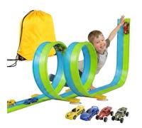 Kosmoflux Car Track 5M Flexible Race Track Set with 2 Loops, 2-in-1 Gravity & Pull-Back Racing Car Toy for Loops, Jumps, Ramps, Indoor Outdoor STEM Gift for Boys Girls 3-8 Years (Blue Green)