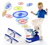 Kosmoflux Shark Stomp Flying Disc Launcher Toy with 16 Discs 2 Goggles Kids Interactive Outdoor Games Garden Toys for Boys Girls Ages 3-10 Autism Sensory Equipment Toddler Birthday Easter Gifts