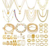 KOSMOS-LI 60 PCS Gold Plated Jewelry Sets with Costume Necklaces, Bracelets, Earrings, Knuckle Rings for Women, One Size, Rhinestone, Rhinestone