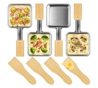 Kosmosta 4 Pack Stainless Steel Square Raclette Cheese Pan with Extra Long Handle & Bamboo Grip, 4 Bamboo Spatulas, No Coating, Large Raclette Grill Pan, Replacement Accessories for Raclette Machines
