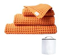 KOSMU Luxury Japanese Cotton Waffle Bath Towel | Plush, Absorbent, and Quick Dry | Free Storage Bag Included (Coral Orange, Complete Set (4-Piece))