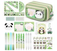 KOSTACHI Panda Stationery Set, Panda Pencil Case with Stationary, Large Capacity Pencil Case for Girls Boys with Gel Pens, Highlighters, Mechanical Pencils, Rulers, Sticky Notes & Stickers, Green