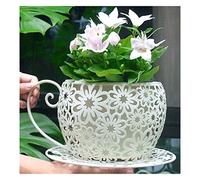 KOSTING Vintage Metal Iron Coffee Cup Flower Pots,Coffee Saucer Tea Cup Garden Plant Holder, Hollow Floral Design and the Matching Saucer,for Indoor Outdoor Planters Home Garden Decor (Color : white)
