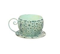 KOSTING Vintage Metal Iron Coffee Cup Flower Pots,Coffee Saucer Tea Cup Garden Plant Holder, Hollow Floral Design and the Matching Saucer,for Indoor Outdoor Planters Home Garden Decor (Color : green)