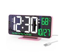KOSUMOSU - 6.7 Inch Pink Alarm Clock with Dual Alarm, Dimming, 12/24 Hours, Date, W ay, Temperature, Digital LED Clock