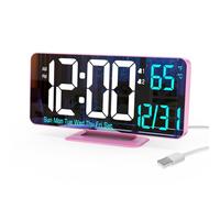 KOSUMOSU Pink Digital Clock for Bedroom 6.7in Dual Alarm Clock with Dimming, 12/24h, Seconds, Date, Day of Week, Temp, Desk Clock, LED Clock for Table Decor, Digital Calendar Table Clocks for Bedrooms