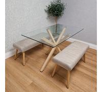 Kosy Koala 4 Seater Rectangle Tempered Glass Dining Table Set With 2 Beige Benches Wood Effect X Shaped Metal Legs Kitchen Dining
