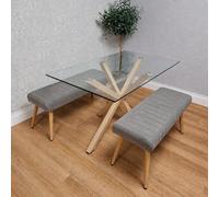 Kosy Koala 4 Seater Rectangle Tempered Glass Dining Table Set With 2 Grey Benches Wood Effect X Shaped Metal Legs For Dining Room