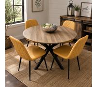 Kosy Koala 4 Seater Round Dining Table With Wood Effect Tabletop Metal X Shape Legs & 4 Mustard Leather Chairs For Dining Room Set