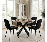 Kosy Koala 4 Seater Round Dining Table With Wood Effect Tabletop Metal X Shaped Legs & 4 Black Velvet Chairs For Dining Room Set