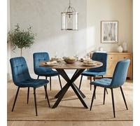 Kosy Koala 4 Seater Round Dining Table With Wood Effect Tabletop Metal X Shaped Legs & 4 Blue Velvet Chairs For Dining Room Set