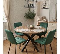 Kosy Koala 4 Seater Round Dining Table With Wood Effect Tabletop Metal X Shaped Legs & 4 Green Velvet Chairs For Dining Room Set
