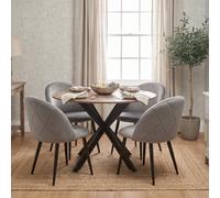 Kosy Koala 4 Seater Round Dining Table With Wood Effect Tabletop Metal X Shaped Legs & 4 Grey Velvet Chairs For Dining Room Set