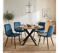 Kosy Koala 4 Seater Round Dining Table With X Legs & 4 Blue Velvet Chairs Set In Brown Brown