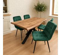 Kosy Koala 4 Seater Rustic Brown Wooden Effect Dining Table With Green Tufted Velvet Chairs