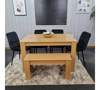 KOSY KOALA 6 Seater Light Wood Dining Table Set with 4 Black Velvet Chairs Bench in Brown