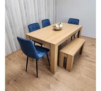 Kosy Koala 6 Seater Modern Light Wood Dining Table Set With 4 Blue Velvet Chairs And Bench H75 X L140 X W80 Cm