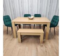 Kosy Koala 6 Seater Modern Light Wood Dining Table Set With 4 Green Velvet Chairs And Bench H75 X L140 X W80 Cm