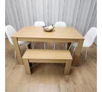 Kosy Koala 6 Seater Modern Light Wood Dining Table Set With 4 White Gem Pattern Chairs And Bench H75 X L140 X W80 Cm