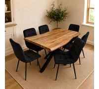 Kosy Koala 6 Seater Rustic Brown Wooden Effect Dining Table Set With Black Velvet Chairs
